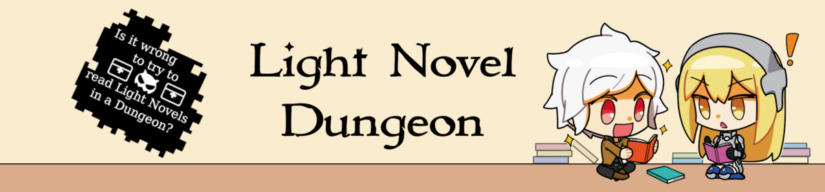 Logo des Light Novel Dungeons. Rechts sind Chibi Aiz und Bell und links ein Logo mit der Aufschrift 'Is it wrong to try to read Light Novels in a Dungeon?'