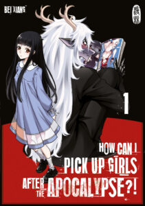 Das Cover von How Can I Pick up Girls after the Apocalypse. Auf dem Cover sieht man ein Mädchen in einem knielangen hellblauen Kleid. Dahinter ist ein Tier-Mensch-Mischling, mit weißem Haar und Hörnern. Er hat ein Porno-Magazin in der Hand mit menschlichen Frauen darin.