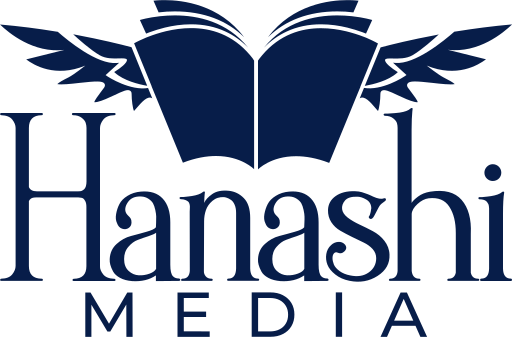 Logo von Hanashi Media bestehend aus einem Buch mit Flüglen und dem Namen des Verlages