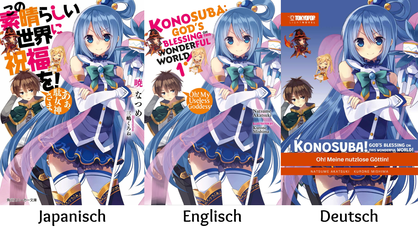 Ein Blick auf die verschiedenen Cover von Konosuba Band 1 in den Sprachen Japanisch (links), Englisch (Mitte) und Deutsch (rechts).