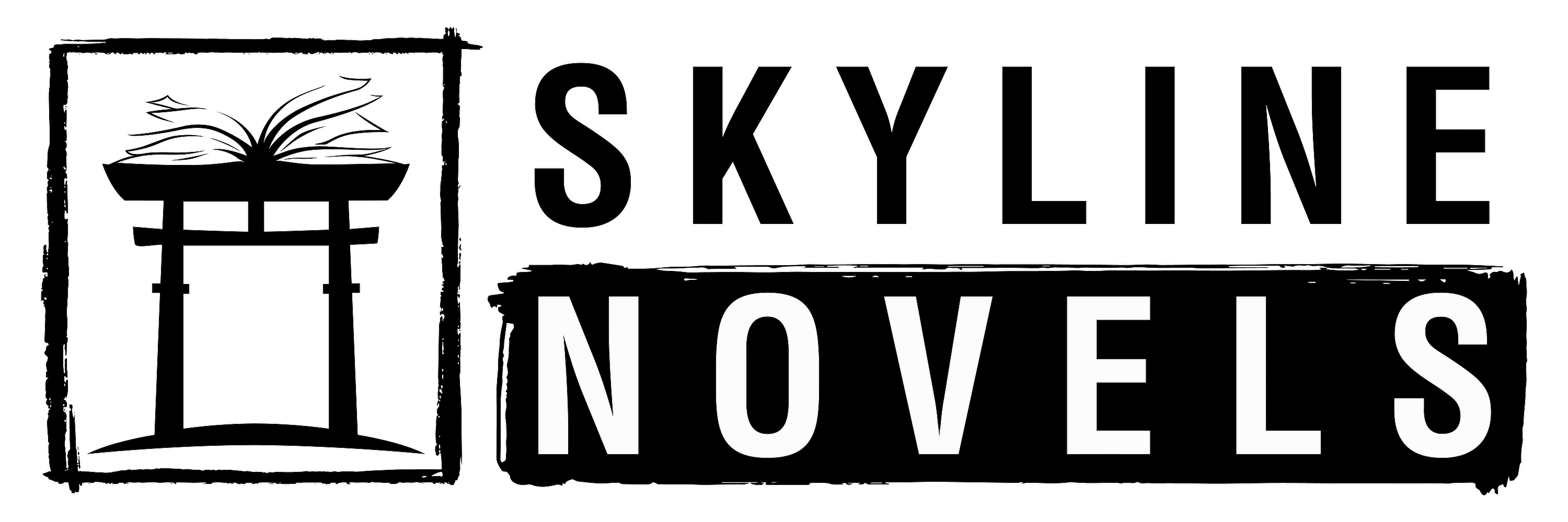 Das Logo des Verlages SKYLINE NOVELS. auf der linken Seite ist ein Tisch mit einem auf geklappten Buch zu sehen auf der rechten Seite der Name des Verlages.