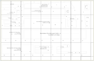 A screenshot with many pattern pieces laid out. In order to print them I used gimp and its raster to tile the big image into A4 sized chunks