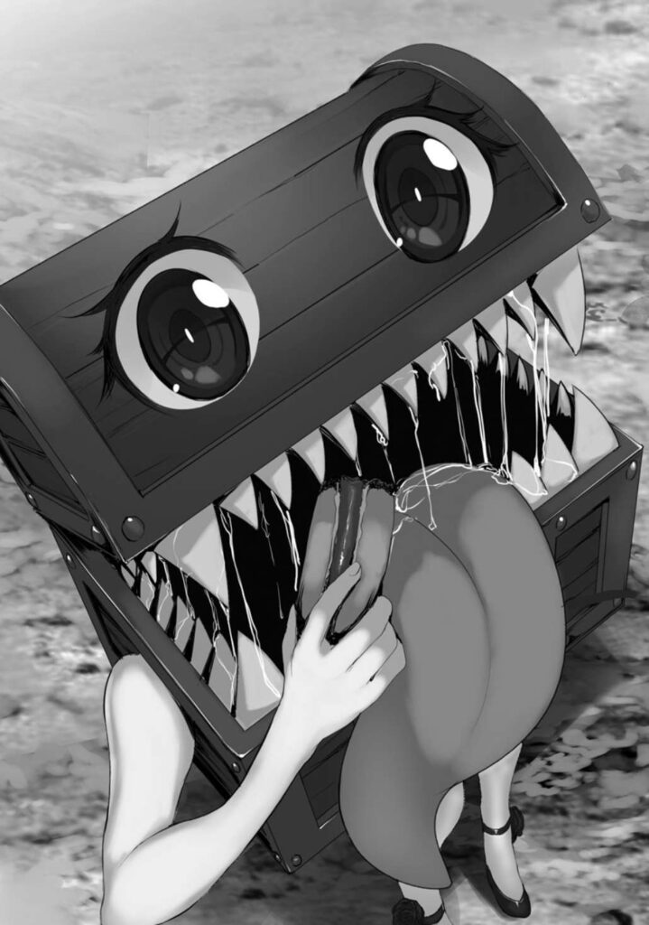 Das Bild zeigt Harumi den Mimik. Sie ist eine Schatzkiste mit spitzen Zähnen hat aber die Arme und Beine einer Menschenfrau. Sie große Augen im Anime-Stil auf dem Deckel der Kiste und streckt ihre lange Zunge aus dem Mund.