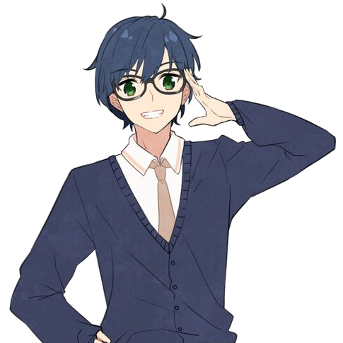 Ein Porträt von Yuuji Nakamura. Er hat grüne Augen, dunkles Haar und trägt eine dunkle Schuljacke, ein weißes Hemd mit Krawatte und hat eine Brille auf der Nase.