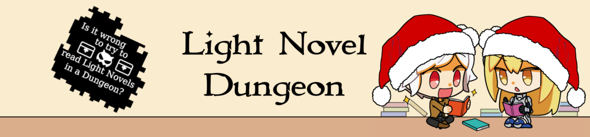 Logo des Light Novel Dungeons. Rechts sind Chibi Aiz und Bell und links ein Logo mit der Aufschrift 'Is it wrong to try to read Light Novels in a Dungeon?'